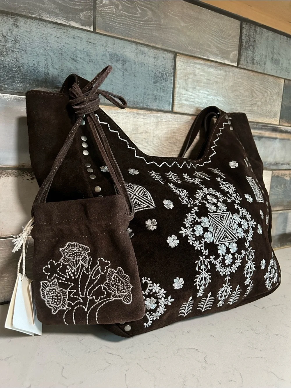 Free People Eden Embroidered Suede Tote + Eden Mini Pouch in Espresso